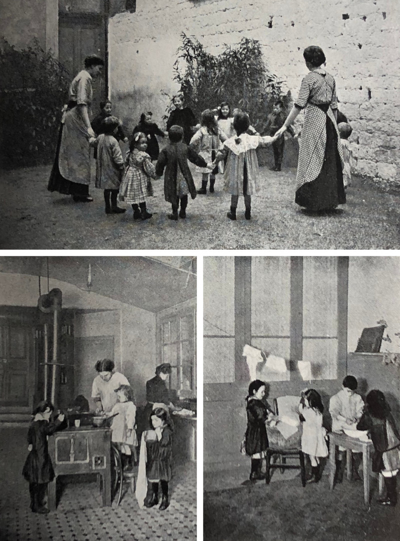 Trois photos anciennes illustrent la vie au jardin populaire de Montrouge. Photo 1 : Une petite chorale. Photo 2 : Un peu de cuisine. Photo 3 : Lessive de la poupée.