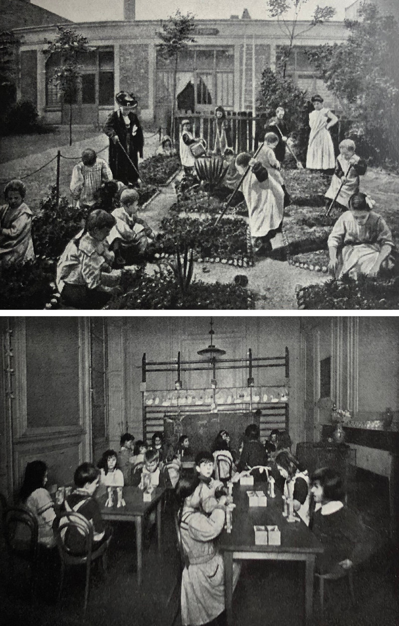 Deux photos anciennes illustrent la vie aux «Kindergarten» Parisiens. Photo 1 : a l'Union familiale de Charonne : salle de classe et petits jardins. Photo 2 : au Collège Sévigné : occupations frœbéliennes.