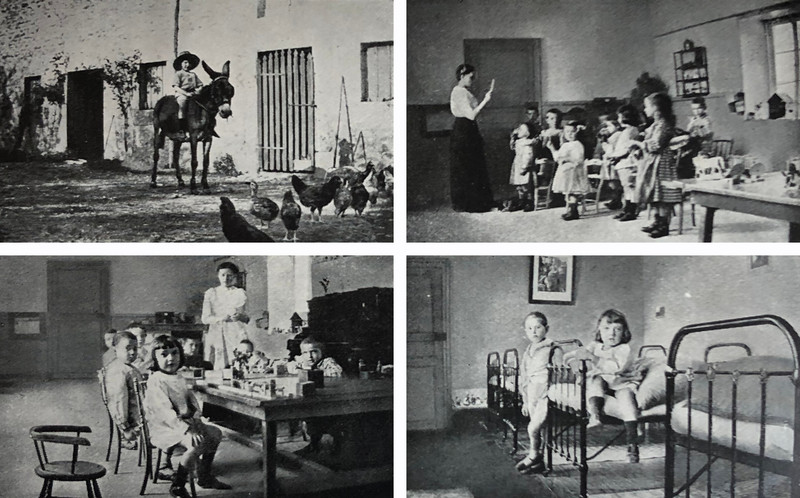 Quatres photos anciennes illustrent la vie au jardin d'enfants. Photo 1 : Dans la cour de la ferme. Photo 2 : L'orchestre. Photo 3 : En classe. Photo 4 : Le petit dortoir.