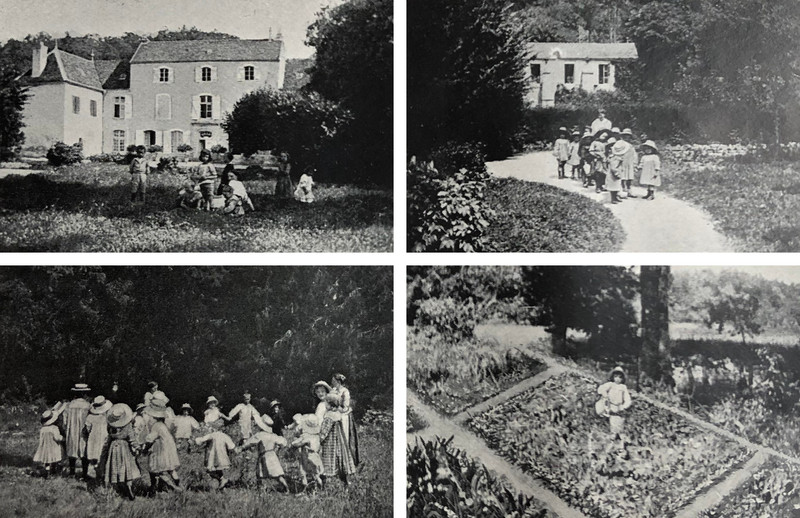 Quatre photos anciennes illustrent la vie au «jardin» véritable. Photo 1 : L'habitation. Photo 2 : Vieux musée servant d'école. Photo 3 : La récréation. Photo 4 : Jardinage.